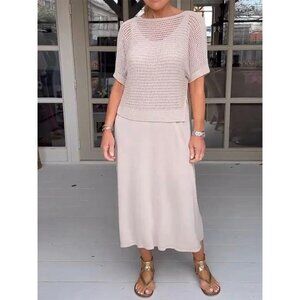 Casual Suspender Dress And Hollow Blouse Two-Piece Suit Apricot